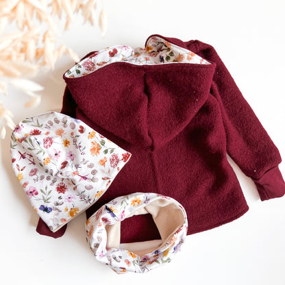 Montessori Walkjacke Rot mit Blumen, magnetischen Reißverschluss