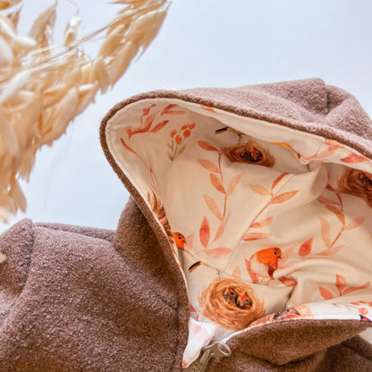 Montessori Walkjacke in braun und Vogel, magnetischen Reißverschluss