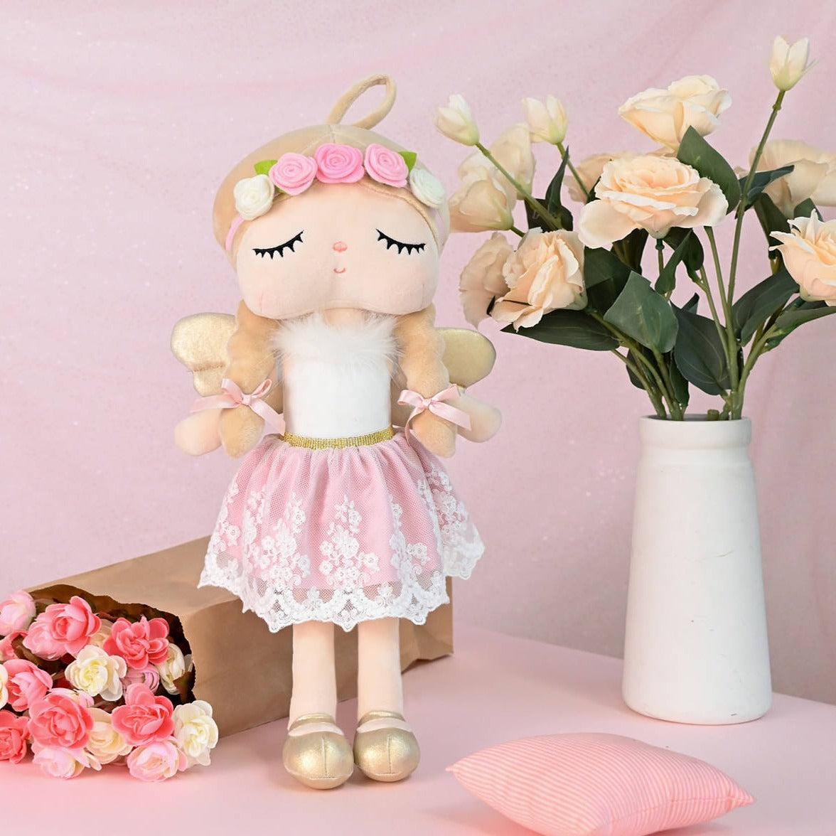 Personalisierter Metoo Blumen Engel  in Rosa, 48 cm