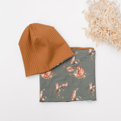 Wendebeanie und Wendeloop Set für Babys & Kinder, Fuchs & Kamel